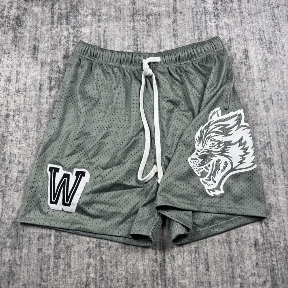 Darc Sport Large Green Mesh Athletic Shorts Wolf Graphic Drawstring